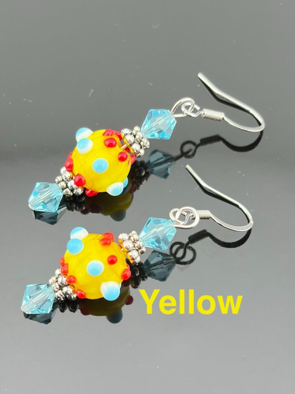 Colorful Dotted Lampwork Glass Bead Handmade Earrings YELLOW LR241